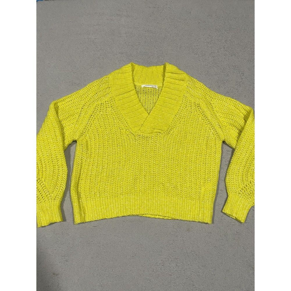 Anthropologie Sweater Size XS‎ Petite Yellow Wool Open Knit V Neck Boxy Fit
